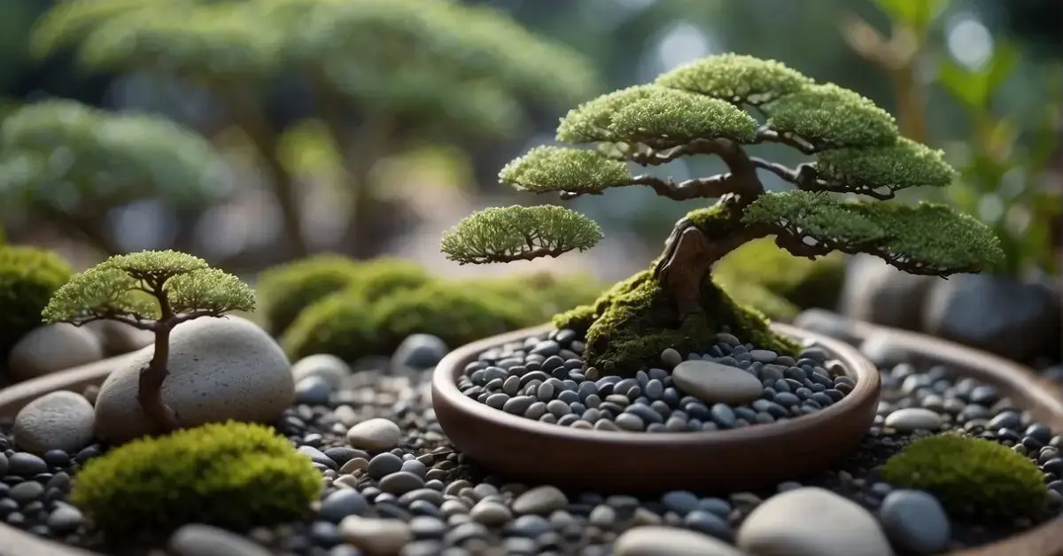 Bonsai Zen Garden: A peaceful Zen garden with meticulously pruned bonsai trees, raked gravel, and carefully placed rocks