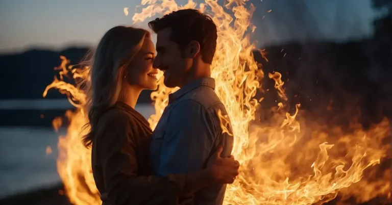 20+ Couple Spiritual Twin Flame Art You Will Adore 2024 161 Couple Spiritual Twin Flame Art: A man and a woman embrace, gazing into each other's eyes, with flames behind them.