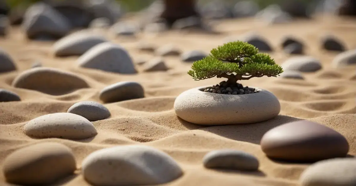 Desert Zen Garden: A serene desert zen garden with raked sand, carefully placed rocks, and a central focal point such as a small pagoda or bonsai tree