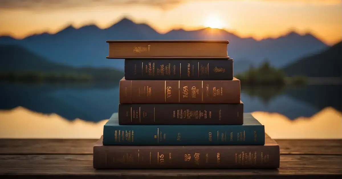 Friday Spiritual Quotes: A serene setting with a stack of spiritual books, a peaceful atmosphere, and a warm glow, perfect for a FAQ Friday spiritual quote illustration