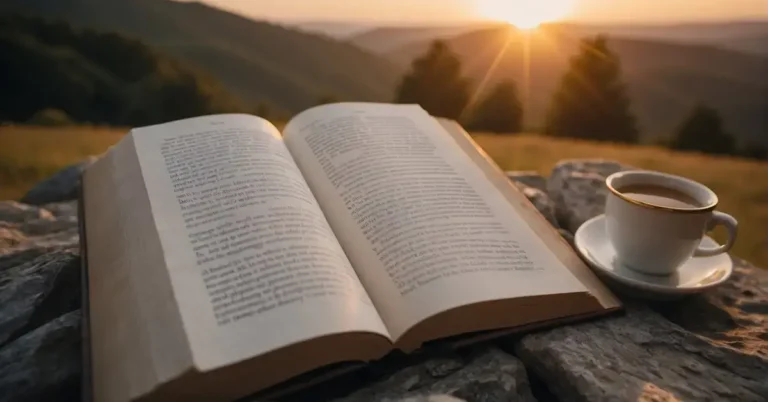 20+ Good Morning Spiritual Quotes: Inspirations For Every Morning 2024 177 Good Morning Spiritual Quotes: A serene sunrise over a tranquil landscape, with a book of spiritual wisdom open to a page of uplifting morning quotes