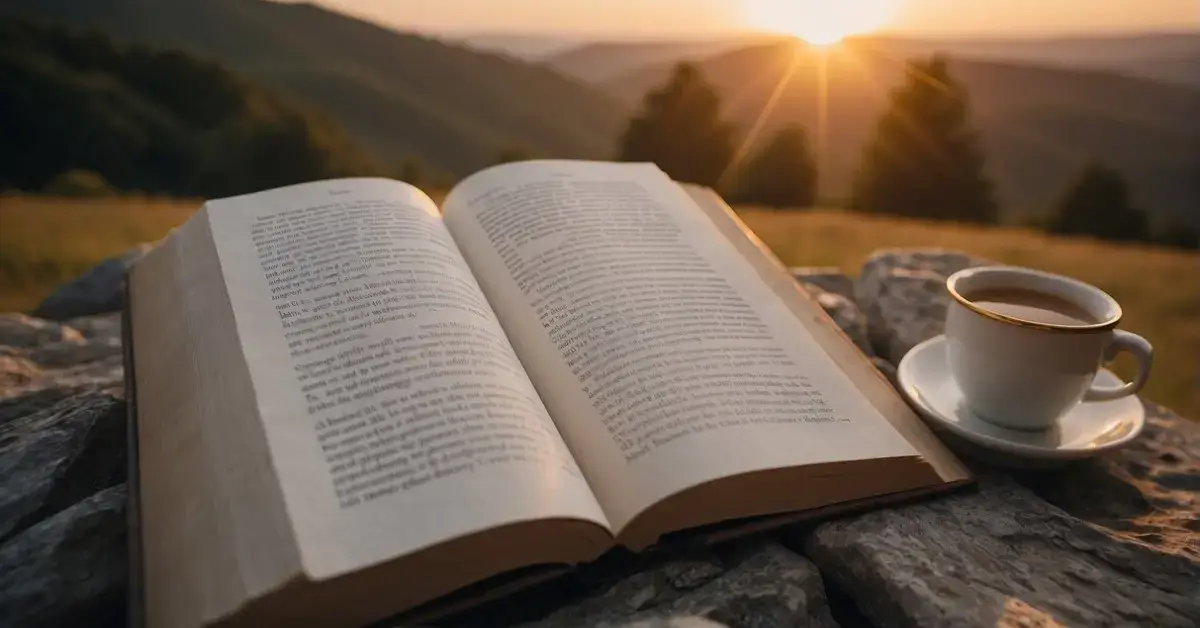 20+ Good Morning Spiritual Quotes: Inspirations For Every Morning 2024 1 Good Morning Spiritual Quotes: A serene sunrise over a tranquil landscape, with a book of spiritual wisdom open to a page of uplifting morning quotes