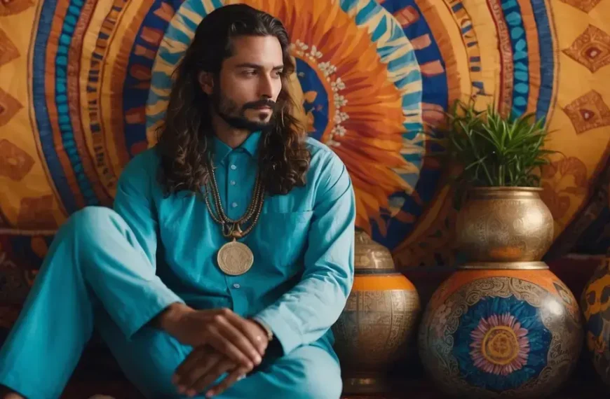 Latest Articles 13 Meditation Spiritual Art: A serene figure sits cross-legged, surrounded by vibrant colors and intricate patterns, with a sense of peace and enlightenment emanating from the artwork