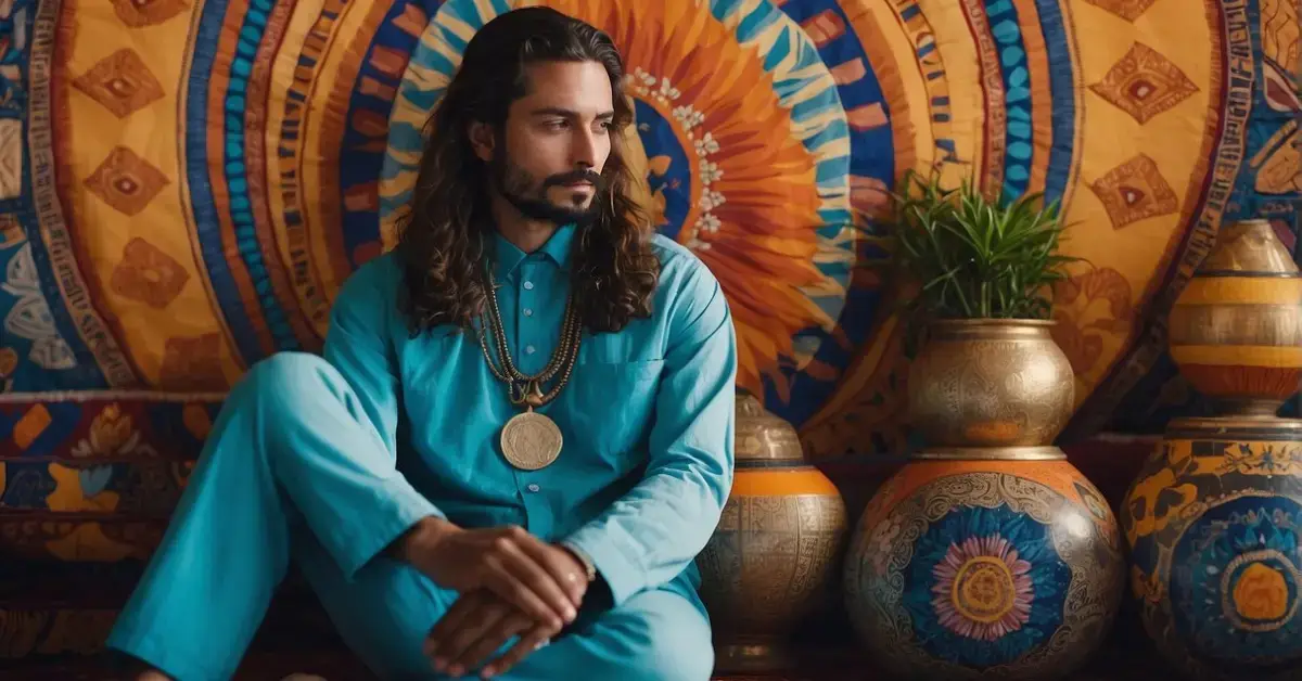 20+ Meditation Spiritual Art: Aesthetic Pictures You Will Love 2024 1 Meditation Spiritual Art: A serene figure sits cross-legged, surrounded by vibrant colors and intricate patterns, with a sense of peace and enlightenment emanating from the artwork