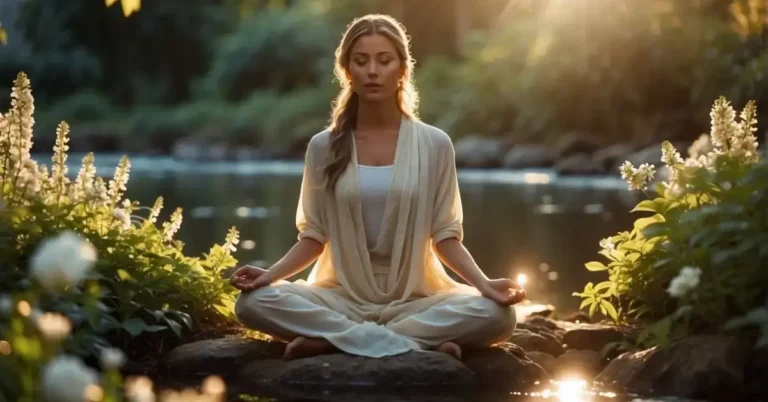 20+ Spiritual Art Divine Feminine You Will Absolutely Adore 2024 140 Spiritual Art Divine Feminine: A woman sits by the lake, meditating peacefully.