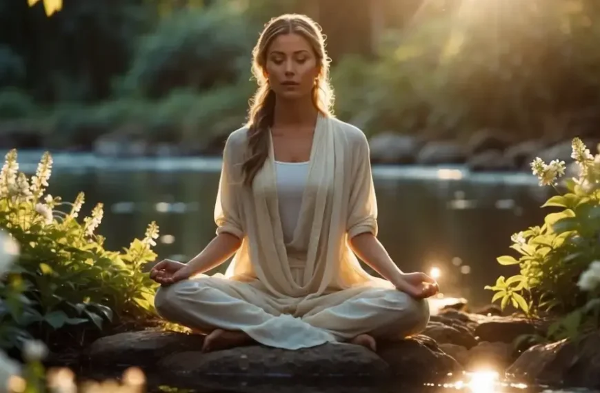 Latest Articles 25 Spiritual Art Divine Feminine: A woman sits by the lake, meditating peacefully.
