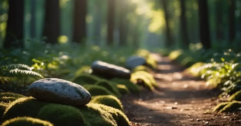 20+ Spiritual Journey Quotes You Will Absolutely Adore 2024 198 Spiritual Journey Quotes : A serene forest path with sunlight filtering through the trees, illuminating a collection of inspiring quotes carved into stones along the way