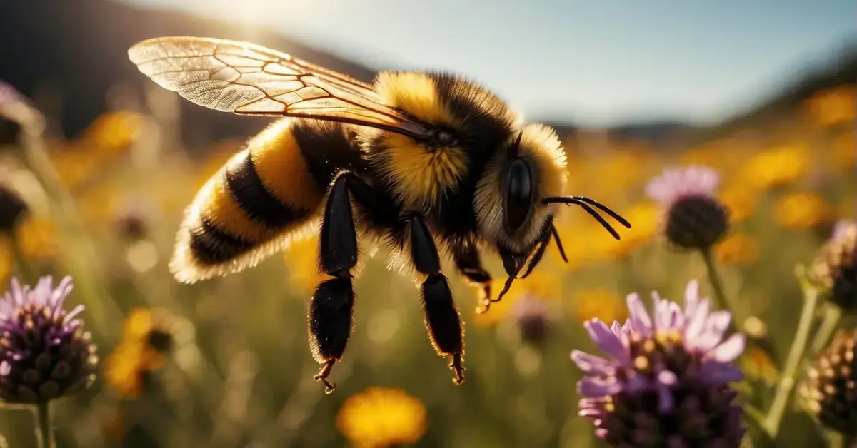Spiritual Meaning Of A Bumblebee: Uncovering Symbolism In Nature 2024 1 spritiual meaning of a bumblebee: A bee is flying over a meadow of flowers.