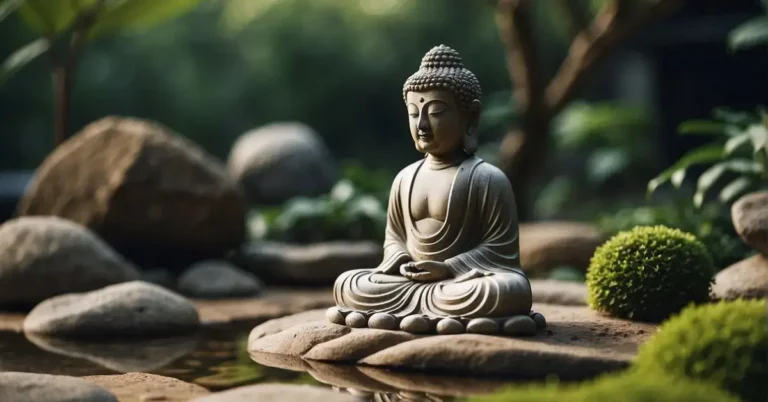 20+ Zen Garden With Buddha Ideas You Will Absolutely Adore 2024 4 Zen Garden With Buddha: A serene Zen garden with raked gravel, a tranquil pond, and a serene Buddha statue at the center, surrounded by lush greenery