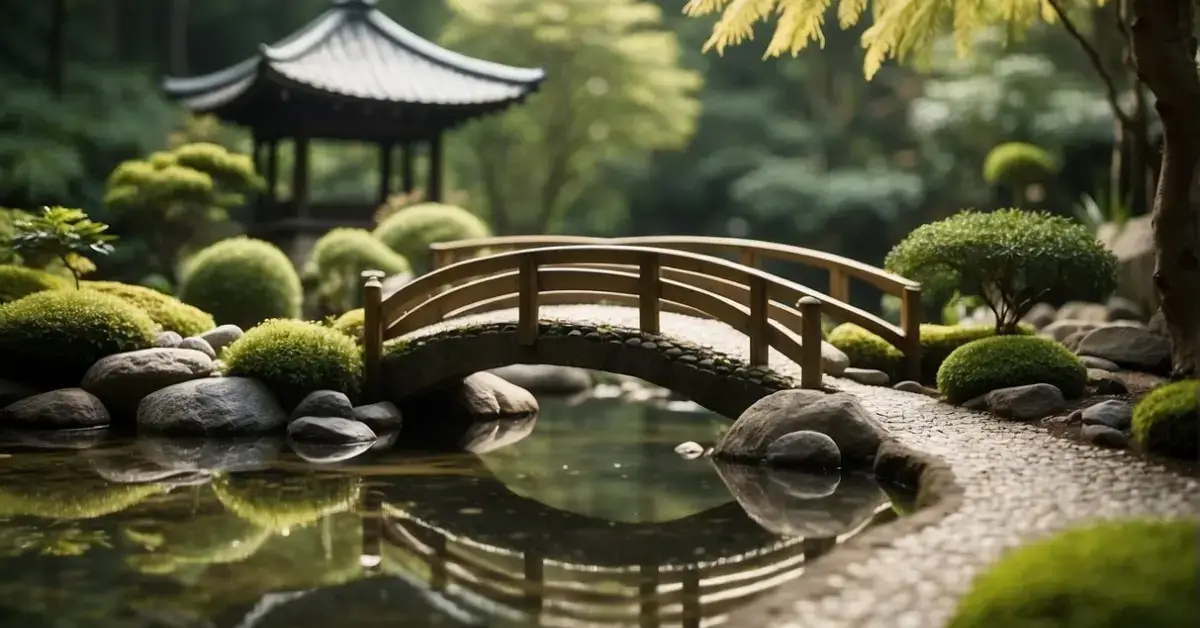 Zen Meditation Garden Essentials: Creating Your Peaceful Sanctuary 2024 1 Zen Meditation Garden: A serene Zen garden with raked gravel, moss-covered rocks, and carefully placed stones. A simple bridge crosses a tranquil pond, surrounded by lush greenery