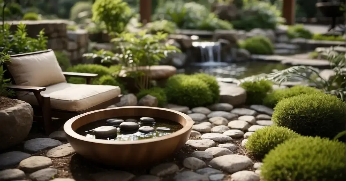 Zen Wellness Garden: A tranquil Zen garden with a variety of wellness products on display for purchase. The garden is adorned with lush greenery, calming water features, and peaceful seating areas