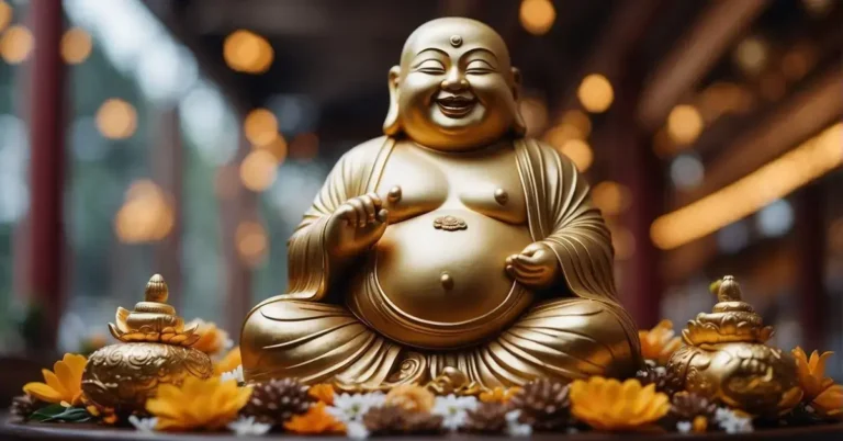 20+ Funny Spiritual Quotes You Will Adore 2024 62 funny spiritual quotes: A laughing Buddha statue surrounded by floating funny spiritual quotes