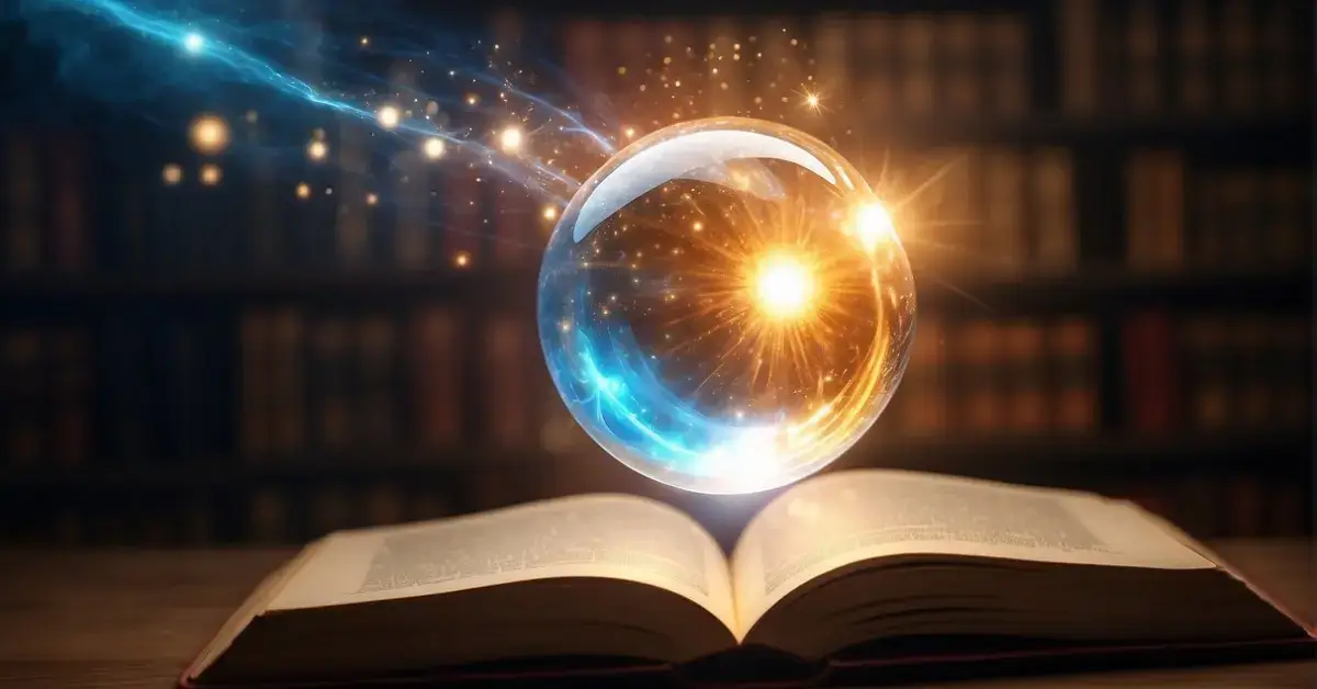 spiritual manifestation quotes: A bright, glowing orb hovers above an open book, surrounded by swirling energy and radiant light