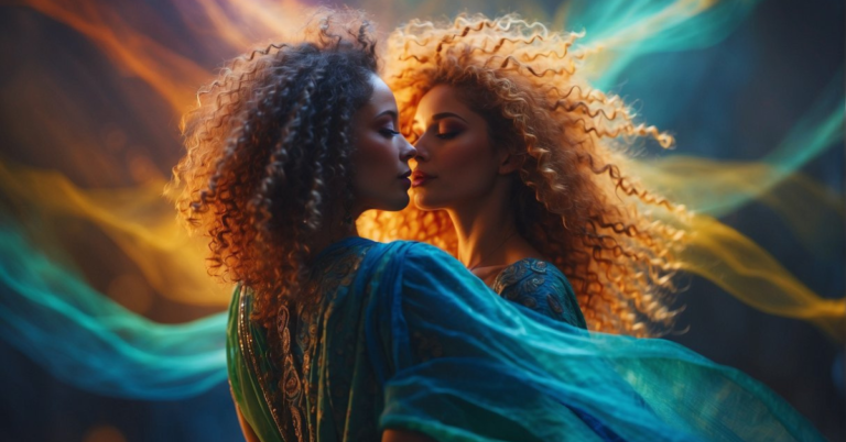 20 + Spiritual Soul Ties Art whole Pinterest is Obsessed with 2024 255 spiritual soul ties art: Two people stand facing each other with their eyes closed.