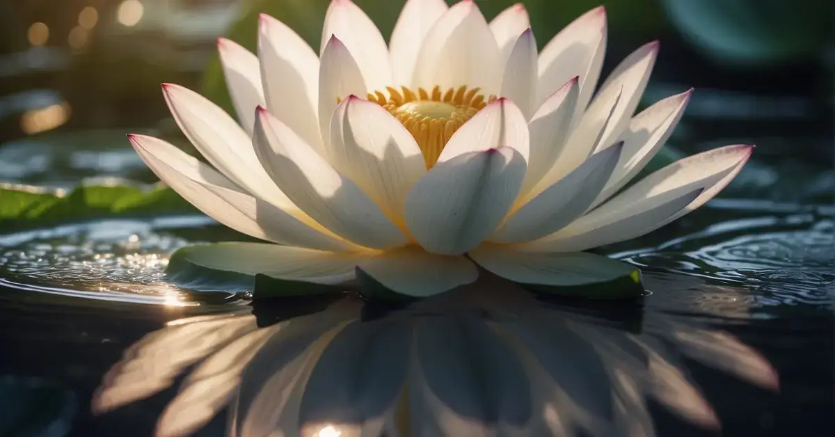 spiritual tattoo ideas: spiritual tattoo ideas: A serene lotus flower blooming from a swirling pool of water, surrounded by ethereal rays of light and delicate feathers