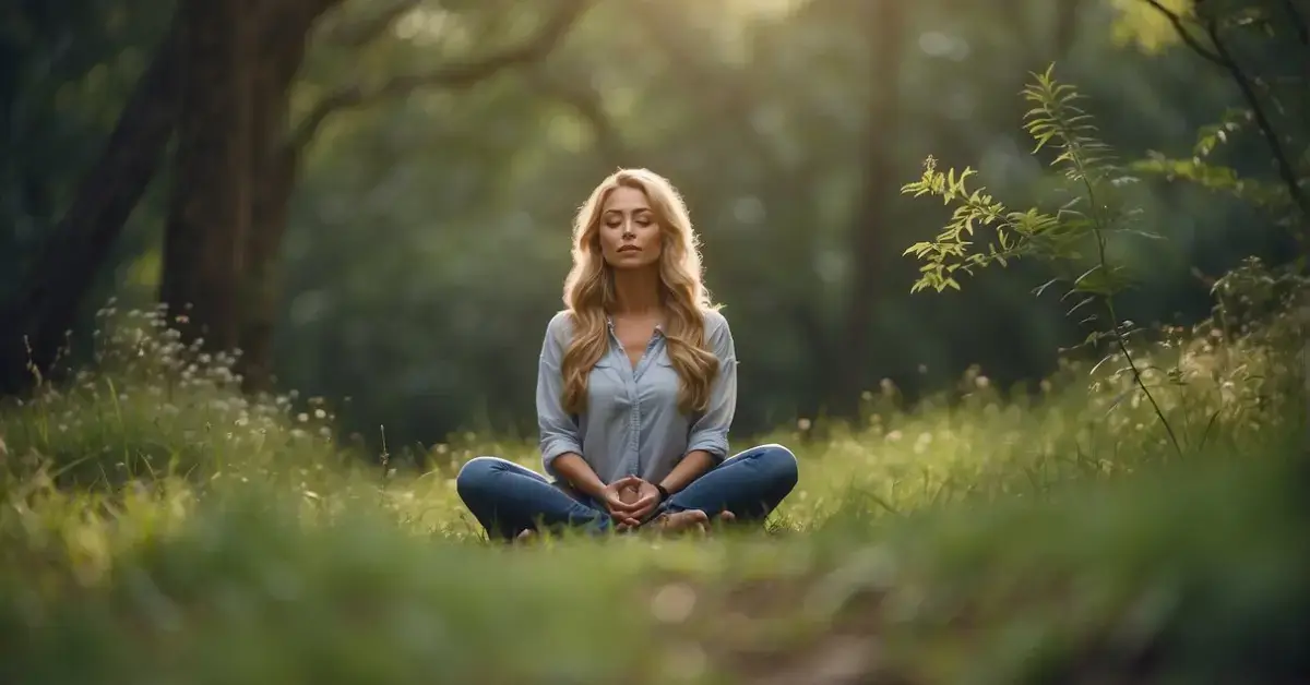 Body Scan Meditation: A serene figure sits cross-legged, surrounded by nature. Their eyes are closed, and a sense of calm and relaxation emanates from their posture