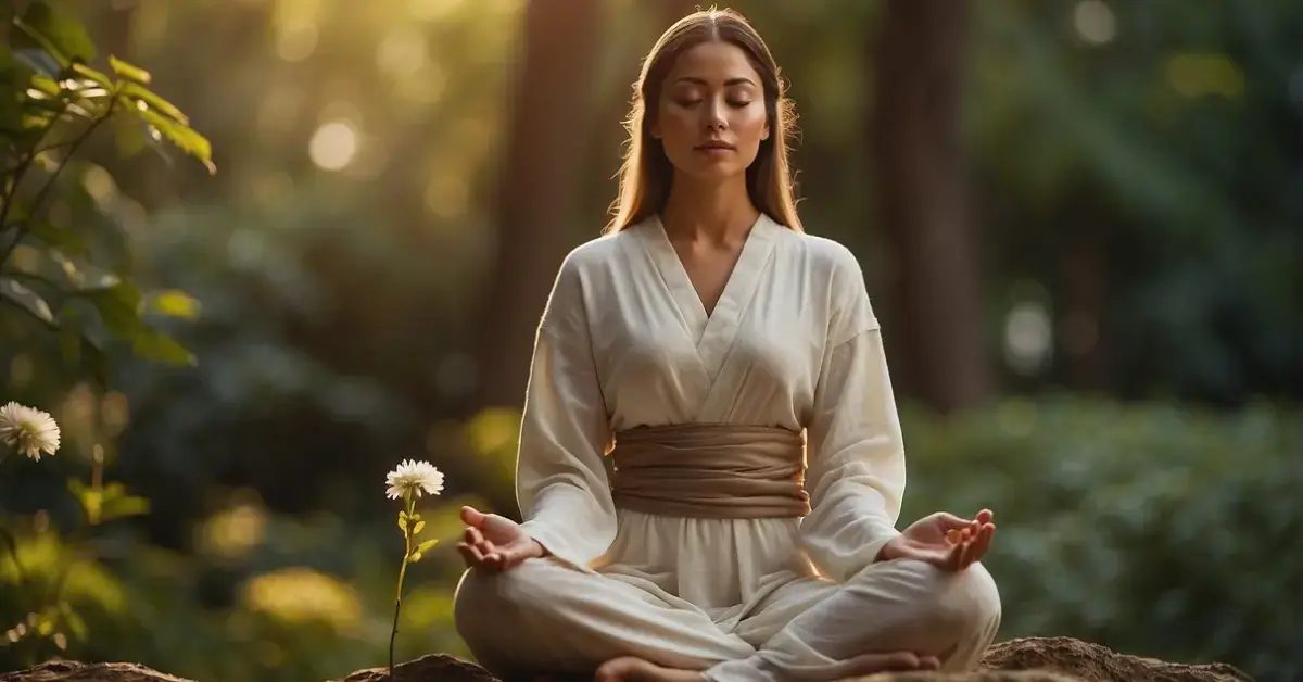 Focus Meditation: A serene figure meditates in a tranquil setting, surrounded by nature and bathed in soft, warm light. The focus is on the peaceful and harmonious atmosphere
