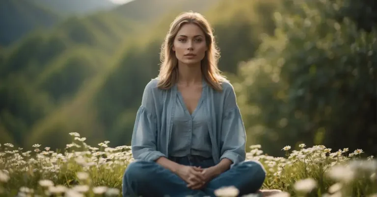 Gratitude Meditation: Thankfulness for Inner Peace 2024 4 Gratitude Meditation: A serene figure sits cross-legged, surrounded by blooming flowers and a gentle breeze, with a peaceful expression, emanating gratitude