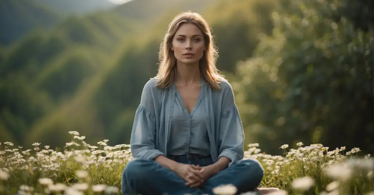 Gratitude Meditation: A serene figure sits cross-legged, surrounded by blooming flowers and a gentle breeze, with a peaceful expression, emanating gratitude