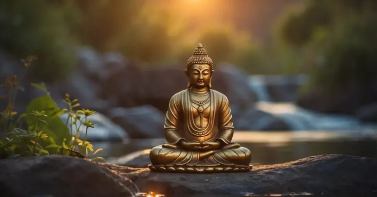 Hindu Meditation: Embracing Serenity and Spiritual Growth 2024 5 Hindu Meditation: A serene figure sits cross-legged, surrounded by symbols of Hinduism. A gentle stream flows nearby, and the sun sets in the distance, casting a warm glow over the scene