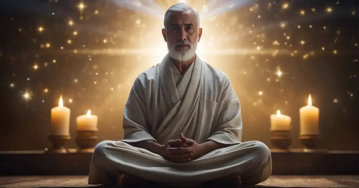 Is Meditation A Sin: A serene figure sits cross-legged, surrounded by symbols of different faiths. Rays of light emanate from the figure, representing the practice of meditation in various religious traditions