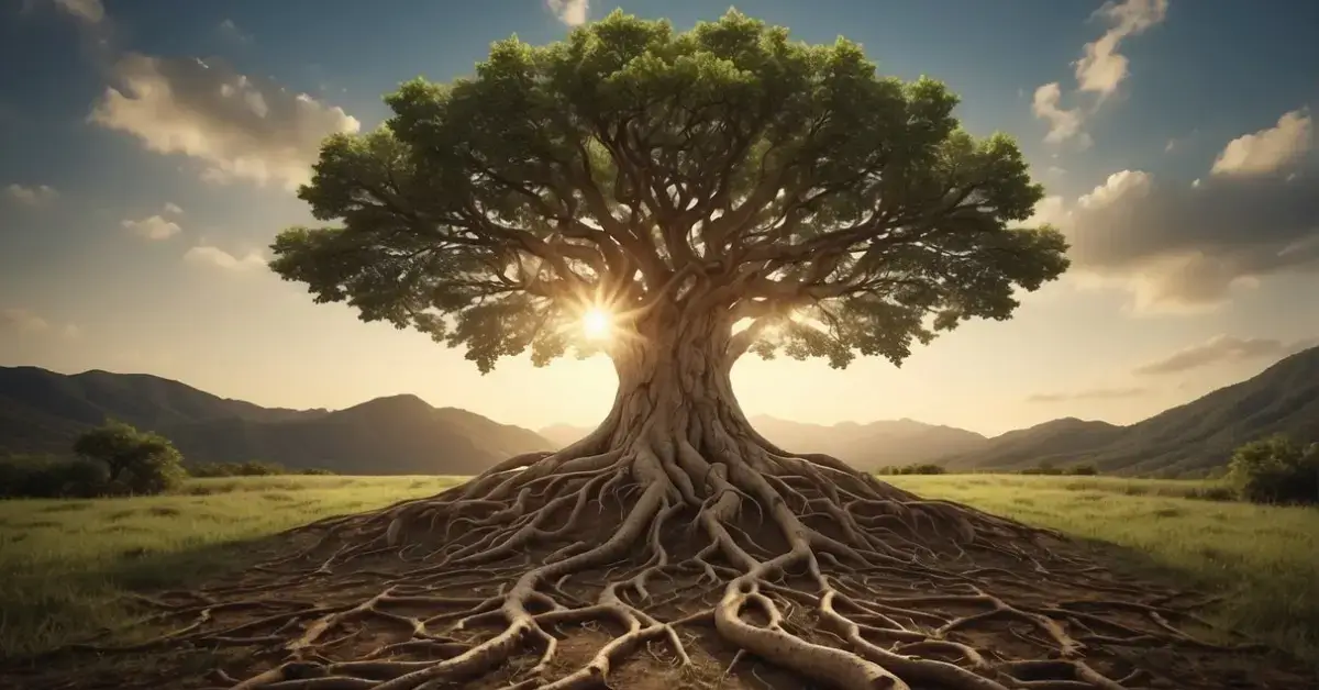 Life Symbol Tattoo: A tree of life, with roots reaching into the earth and branches extending towards the sky, placed on the upper back