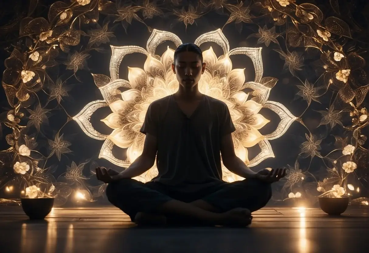 10 Meditation Symbols You Need to Know 2024 1 Meditation Symbols: A serene figure sits cross-legged, surrounded by swirling patterns and a glowing lotus flower, symbolizing peace and enlightenment