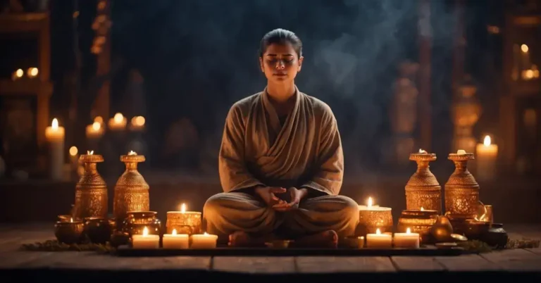Meditation Techniques: Simple Practices for Daily Peace 2024 4 Meditation Techniques: A serene figure sits cross-legged, surrounded by soft candlelight and incense. Their eyes are closed in deep concentration, as they begin their meditation practice