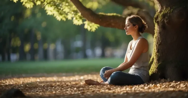 Meditation Techniques for Stress: Simple Methods 2024 7 Meditation Techniques for Stress: A serene figure sits cross-legged, eyes closed, surrounded by a tranquil environment. Soft light filters through the leaves of a lush tree, creating a peaceful atmosphere