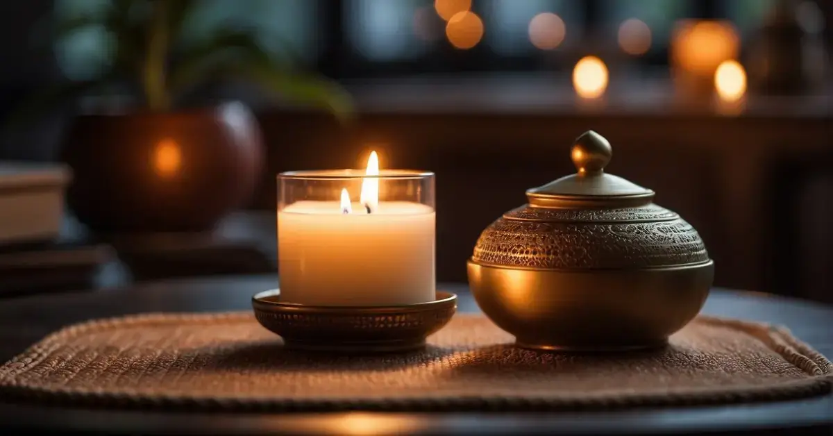 Meditation Tips: Strategies for Mindfulness Mastery 2024 1 Meditation Tips: A serene setting with a cushioned mat, soft lighting, and a tranquil atmosphere. A small table holds a candle and burning incense, creating a peaceful ambiance for meditation