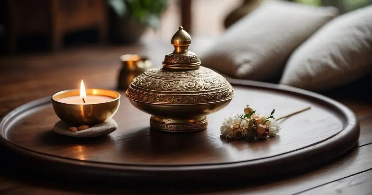 10+ Meditation Tools You Must Know 2024 1 Meditation Tools: A serene scene with a cushion, incense, and a meditation bell arranged on a wooden floor