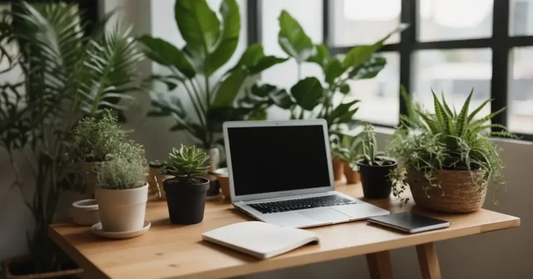 Meditation for Productivity: Boost Focus and Efficiency 2024 6 Meditation for Productivity: A serene, clutter-free workspace with soft natural lighting and a comfortable chair. A laptop or notebook sits open, surrounded by plants and calming decor