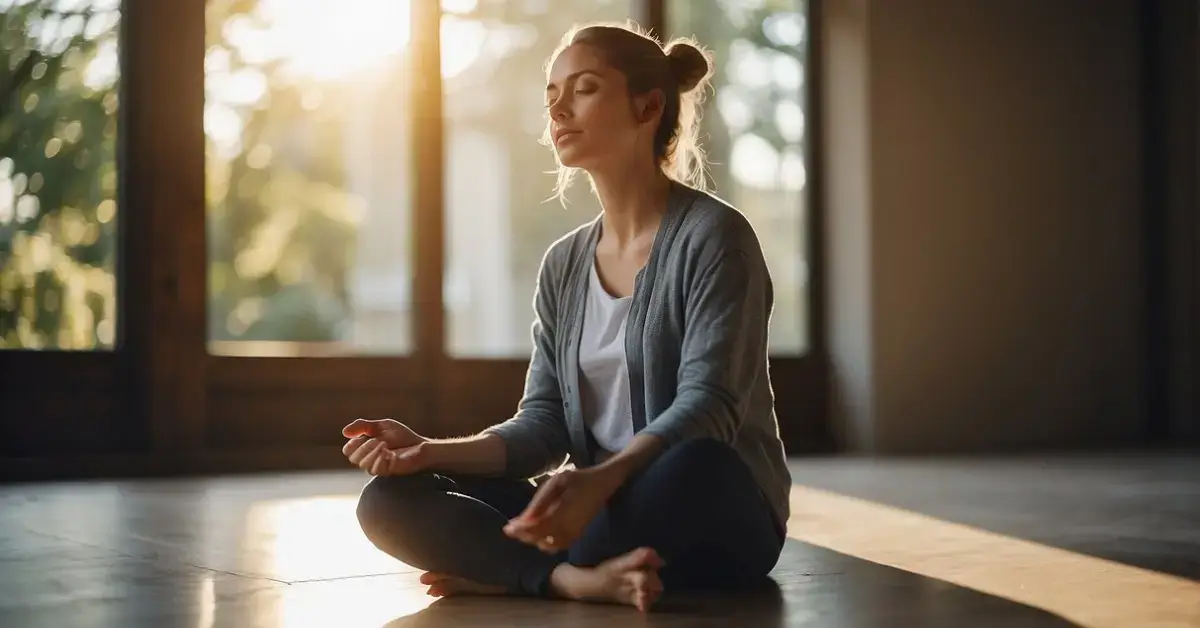 Morning Meditation Routine: A serene figure sits cross-legged, eyes closed, bathed in soft morning light. A sense of peace and tranquility fills the air, as the world outside awakens