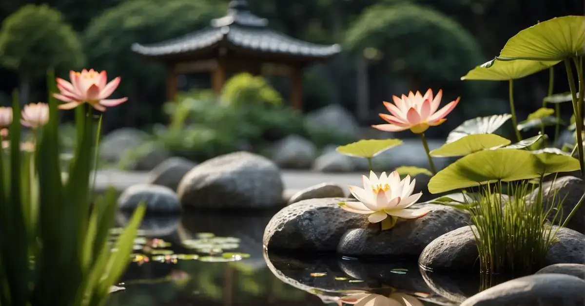 Peaceful Zen Garden: Peaceful Zen Garden: A serene zen garden with raked gravel, stepping stones, and a tranquil pond with koi fish and lotus flowers. Tall bamboo stalks sway gently in the breeze, creating a sense of calm and harmony