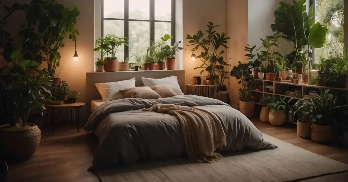 Sleep Meditation: A serene bedroom with soft, dim lighting. A person lies on a comfortable bed, surrounded by calming elements like plants and soothing music playing in the background