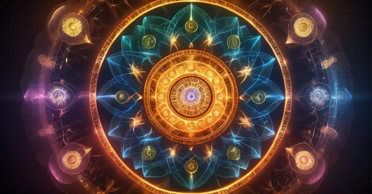 20+ Spiritual Chakra Wallpaper 2024: My Personal Favorites 1 Spiritual Chakra Wallpaper: A glowing, multicolored wheel of energy radiates from the center, surrounded by intricate patterns and symbols representing the seven chakras