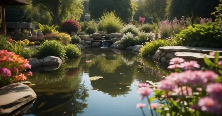 Spiritual Garden Essentials: Serenity in Your Backyard 2024 1 Spiritual Garden: A serene pond reflects a vibrant array of blooming flowers and lush greenery in the tranquil spiritual garden