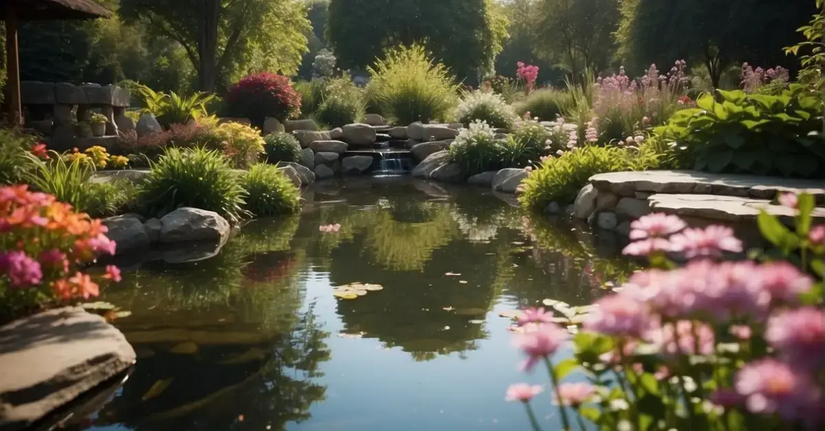 Spiritual Garden: A serene pond reflects a vibrant array of blooming flowers and lush greenery in the tranquil spiritual garden