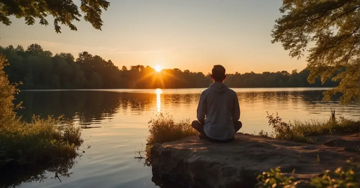 transcendental meditation: A serene figure sits cross-legged, surrounded by nature. The sun sets behind a tranquil lake, casting a warm glow on the scene