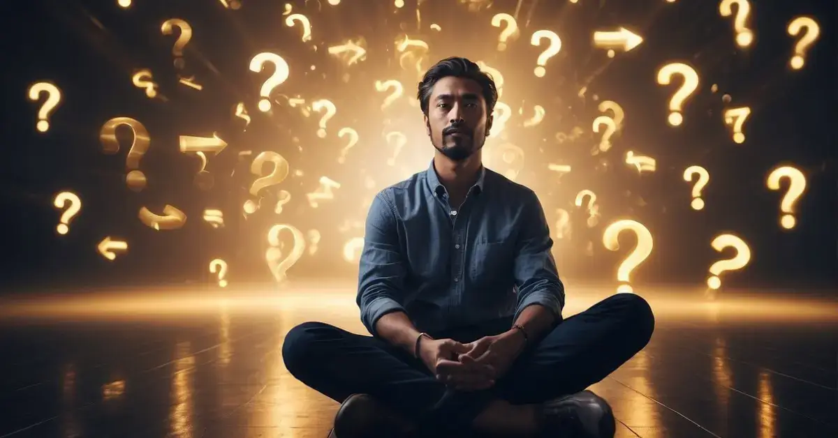 Visualization Meditation: A person sits cross-legged, surrounded by floating question marks and light beams, with a calm expression on their face