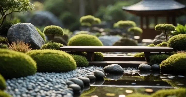 20+ Zen Garden: Surprising Inspirations 2024 27 Zen Garden: A serene Zen garden with raked gravel, moss-covered stones, and carefully placed plants, surrounded by a tranquil pond and a simple wooden bridge