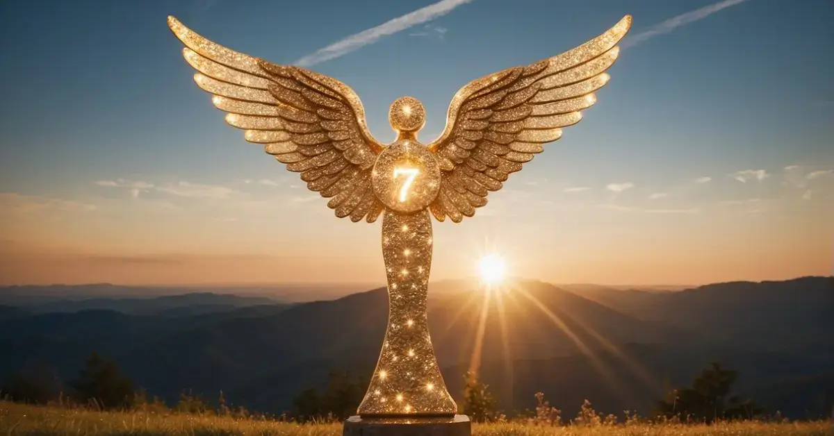777 Angel Number: A glowing 777 angel number hovers above a serene landscape, surrounded by celestial light and a sense of divine presence