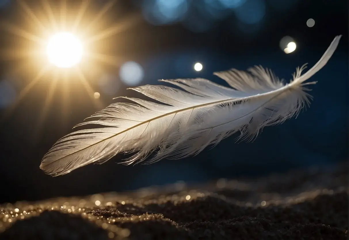 Angel Number 111 Meaning: A single feather floats down from the sky, surrounded by three glowing orbs of light