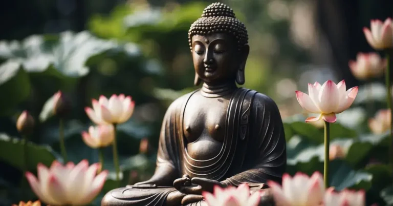 20+ Buddha Tattoo Ideas You Will Adore 2024 22 Buddha Tattoo: A serene Buddha statue surrounded by lotus flowers and a glowing aura