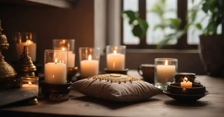 Daily Meditation Practice: 5 Simple Steps to Mindfulness 2024 8 Daily Meditation Practice: A serene setting with a cushion on the floor, surrounded by soft natural light, and a small altar with candles and incense
