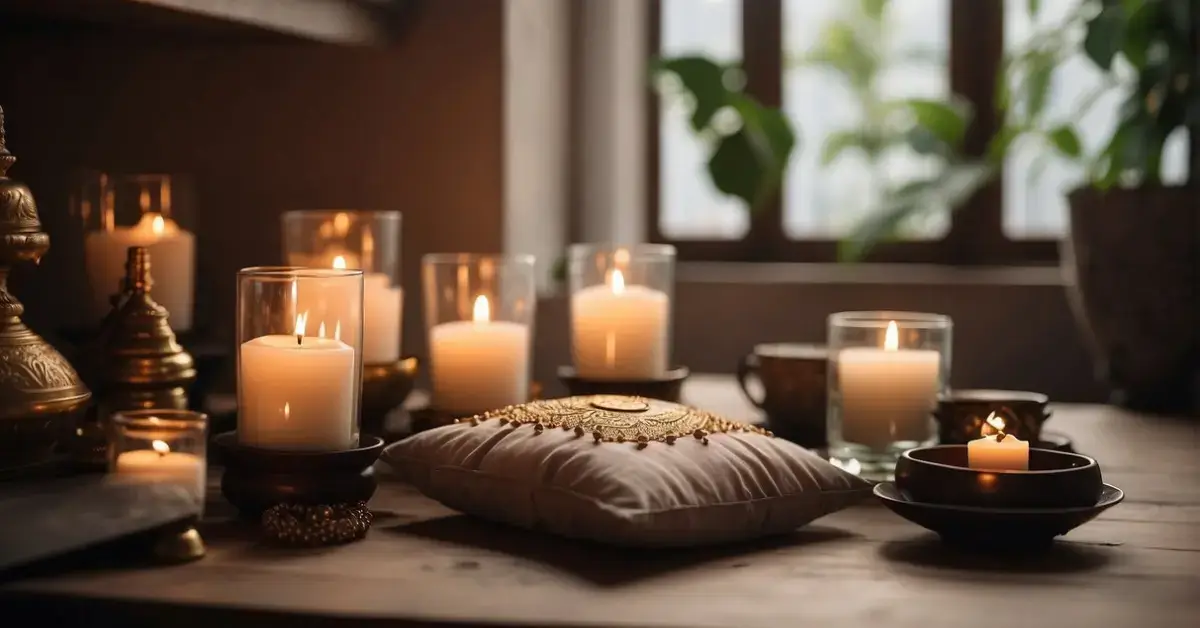 Daily Meditation Practice: A serene setting with a cushion on the floor, surrounded by soft natural light, and a small altar with candles and incense