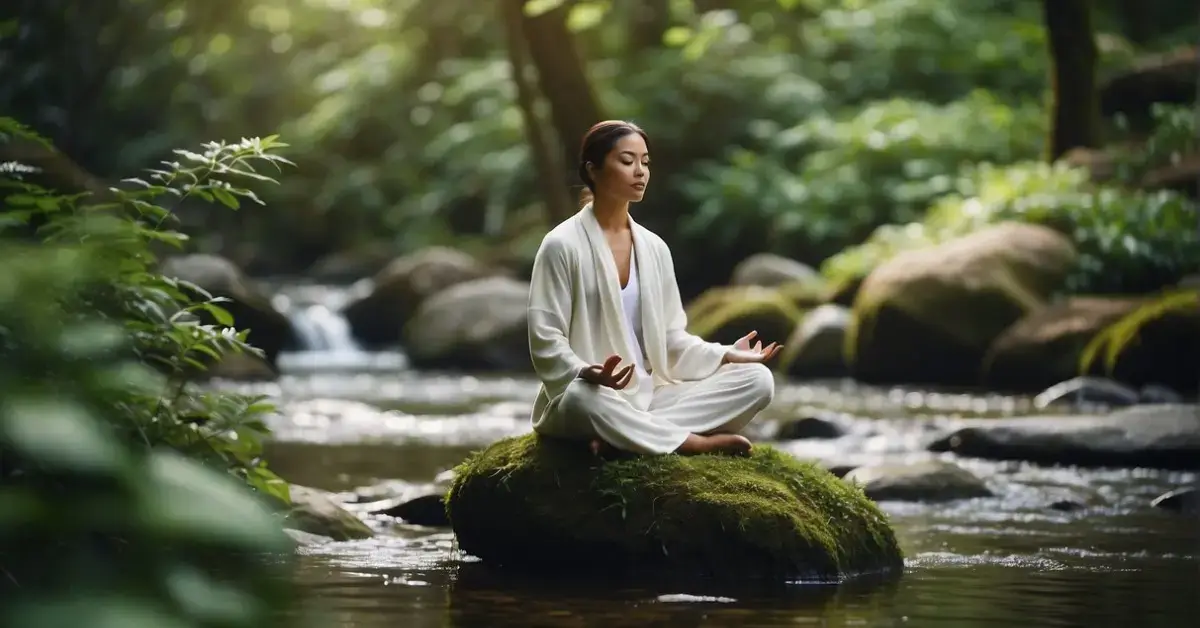 Meditation Benefits for Health: A serene figure meditates in nature, surrounded by lush greenery and a calm, flowing stream. The scene exudes tranquility and peace, capturing the health benefits of regular meditation