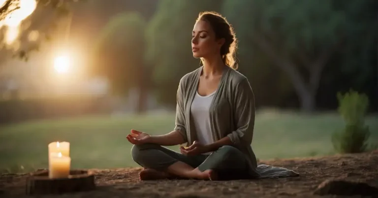 Meditation For Focus And Concentration: Mental Clarity 2024 170 Meditation For Focus And Concentration: A serene, peaceful setting with a single candle burning, casting a soft glow. A person sits cross-legged, eyes closed, in deep meditation. The surrounding environment is calm and tranquil, promoting focus and concentration