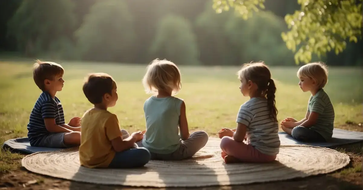 Mindfulness Meditation for Kids: Children sit in a circle, eyes closed, breathing deeply. A peaceful setting with nature elements and soft lighting. Meditation music plays in the background