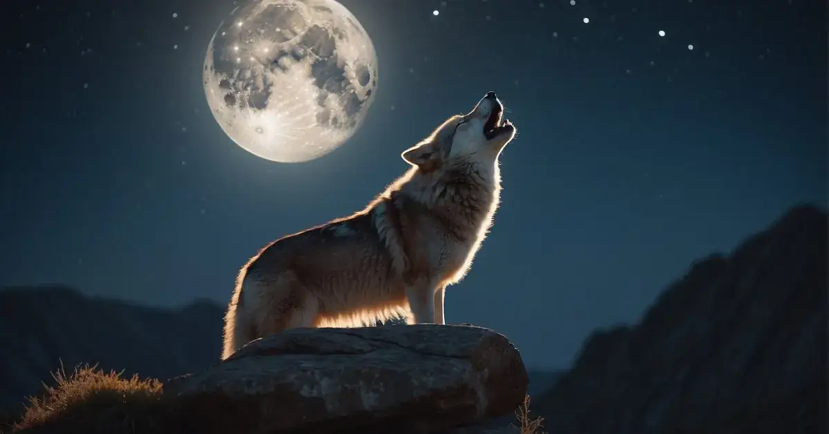 Spiritual Meaning Of A Wolf: Inner Strength and Freedom 2024 1 Spiritual Meaning Of A Wolf: A lone wolf howling at the full moon, surrounded by a mystical aura and ancient symbols